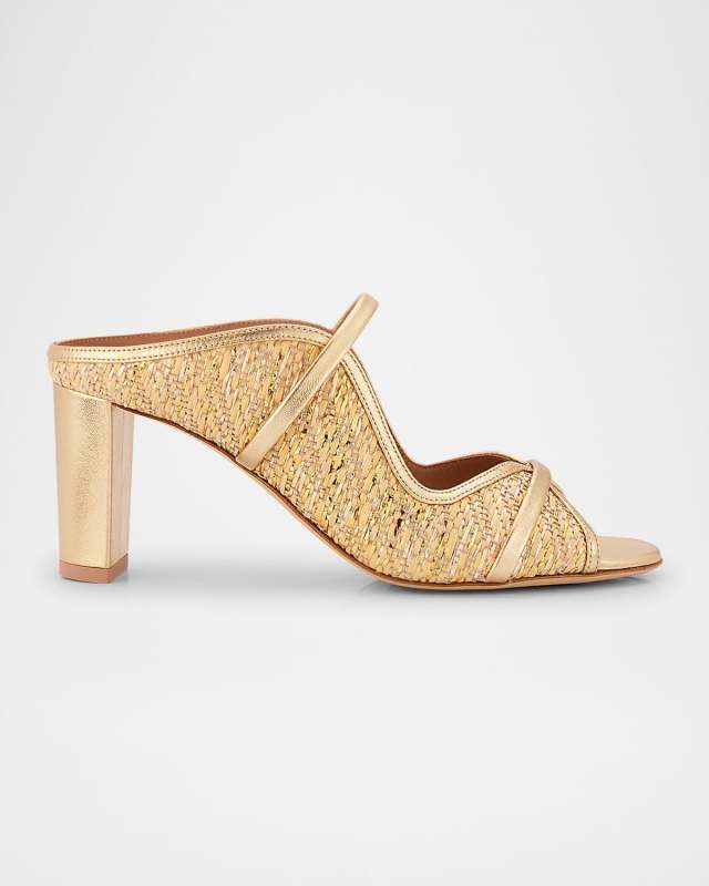 Norah Metallic Nappa Leather Raffia Dual-Strap Mule Sandals